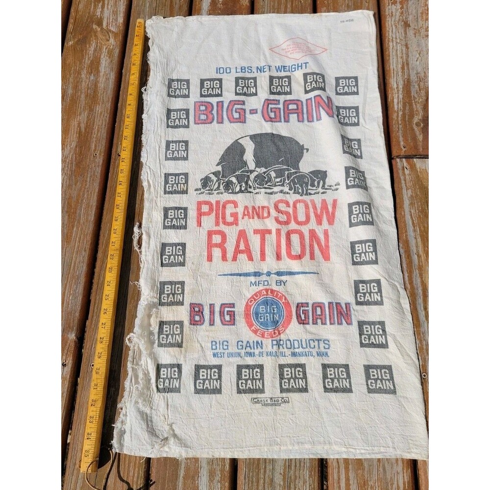 Vintage Cotton Cloth Feed Sack Big Gain Pig and Sow Ration 100 Lbs Farmcore